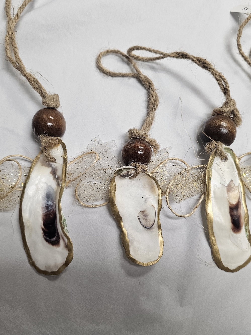 Handmade Angel Shell Ornaments with Jute and Wooden Beads - White & Gold